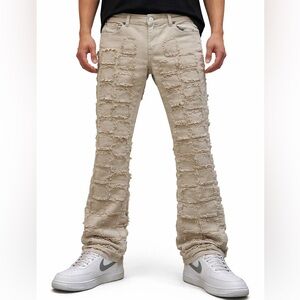 Men Stacked Khaki Bootcut Patchwork Pants Sz 38x38 Y2K Style Jeans Grunge